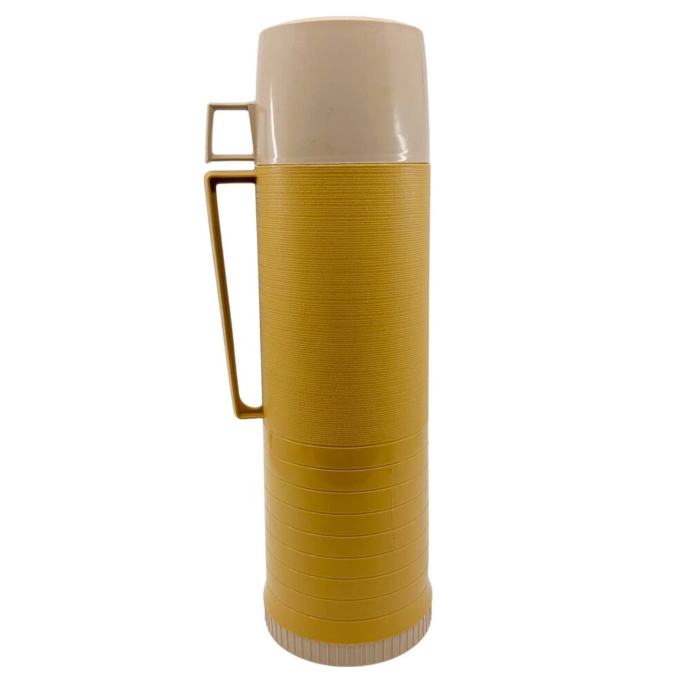 Thermos Quart SZ Yellow Vacuum Bottle Cup Lid VTG Camping Mid Century USA Retro